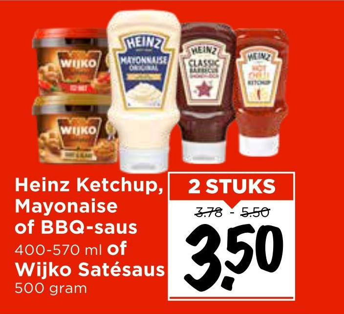 Heinz Ketchup, Mayonaise of BBQsaus of Wijko Satésaus aanbieding bij Vomar