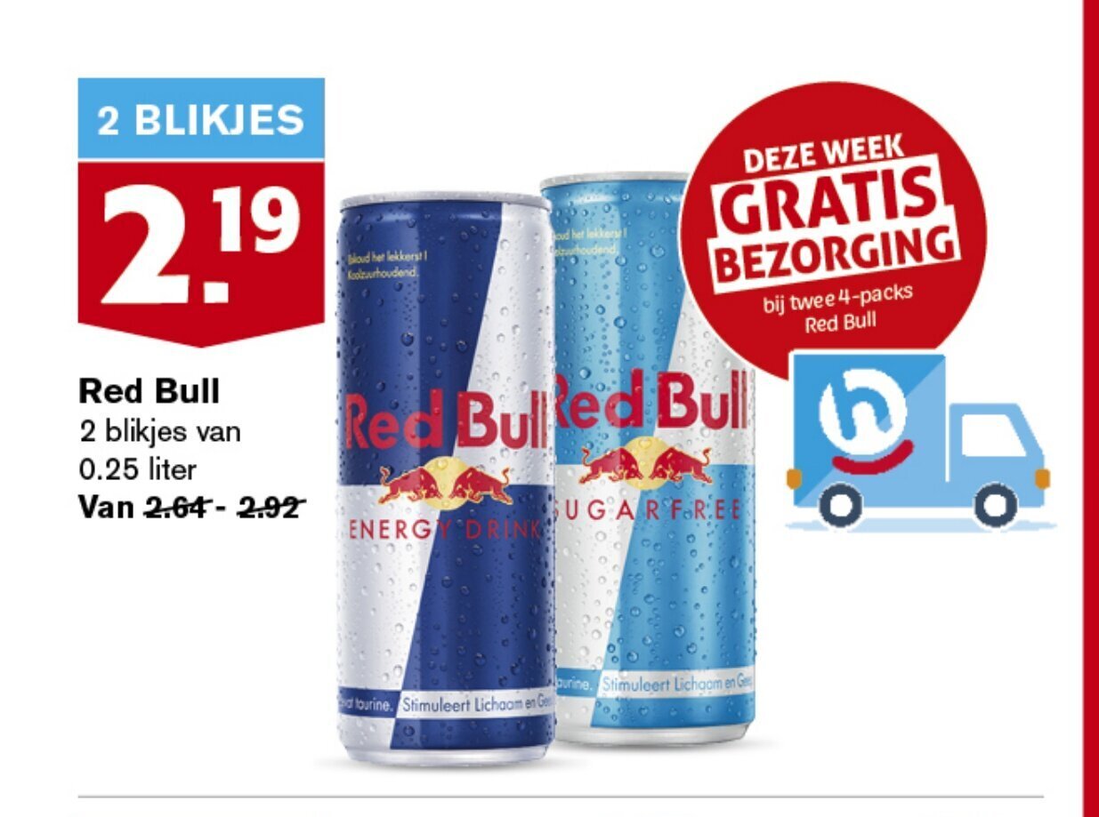 Red Bull 2 blikjes van 0.25 liter aanbieding bij Hoogvliet