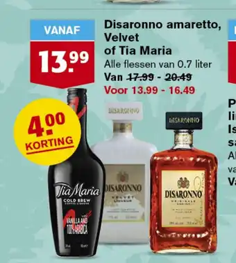 Hoogvliet Disaronno amaretto, Velvet of Tia Maria alle flessen van 0.7 liter aanbieding