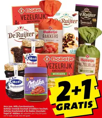 Boni Hero jam, milka hazelnootpasta, bolletje vezelrijk beschuit of bakkers beschuit, bolletje knackebrod of de ruijter chocolade- aanbieding