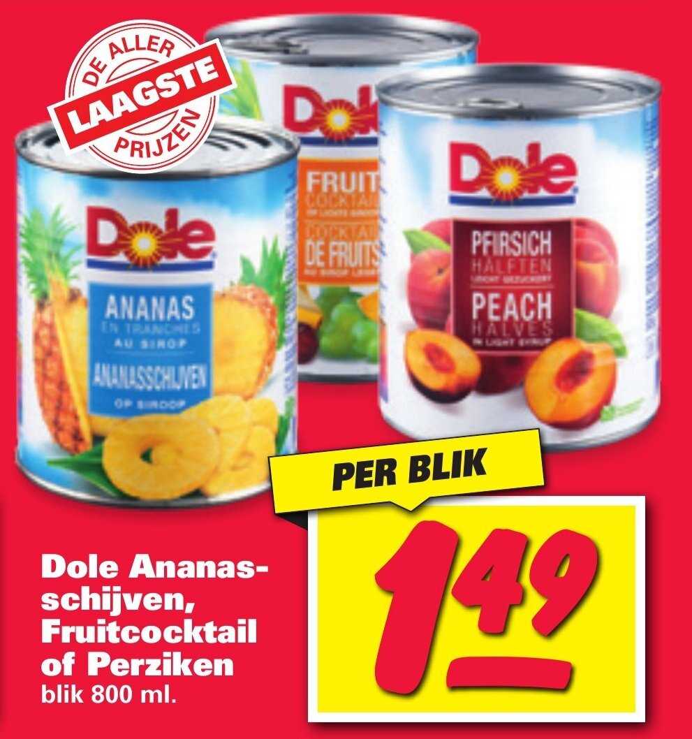 Dole ananas schijven. fruitcocktail of perziken 800ml aanbieding bij
