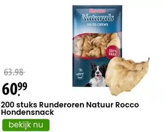 Zooplus 200 stuks Runderoren Natuur Rocco Hondensnack aanbieding