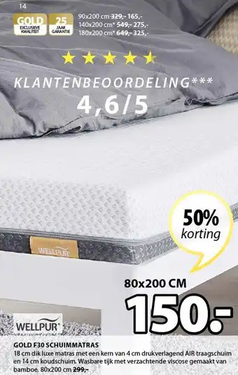 Jysk Gold f30 schuimmatras 80x200cm aanbieding