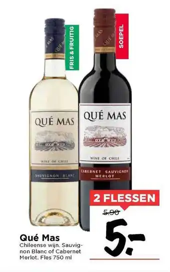 Vomar Voordeelmarkt Qué mas sauvignon blanc of cabernet merlot chileense wijn 750 ml aanbieding