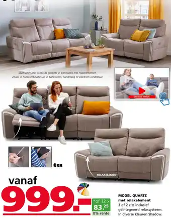 Seats and Sofas Model quartz met relaxelement aanbieding