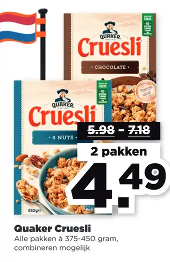 PLUS Quaker cruesli 375-450 gram aanbieding