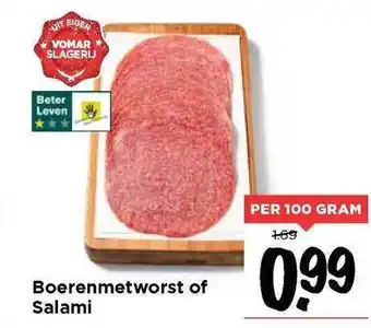 Vomar Voordeelmarkt Boerenmetworst of salami 100 gram aanbieding