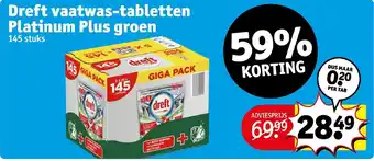 Kruidvat Dreft vaatwas-tabletten platinum plus groen 145 stuks aanbieding