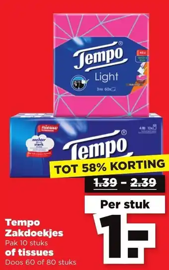 PLUS Tempo Zakdoekjes of tissues aanbieding