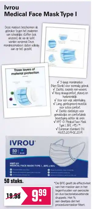 De Online Drogist Ivrou Medical Face Mask Type I 50 stuks aanbieding