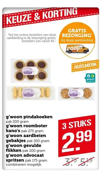 Coop G'woon pindakoeken, g'woon roomboter kano's, g'woonaardbeien gebakjes, g'woon gevulde flikken, g'woon advocaat spritsen aanbieding