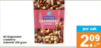 Albert Heijn AH Ongezouten cranberry- notenmix 200 gram aanbieding