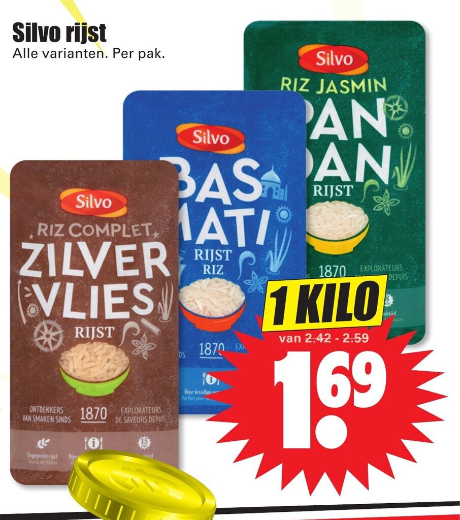 Silvo rijst alle varianten per pak 1 kilo aanbieding bij Dirk