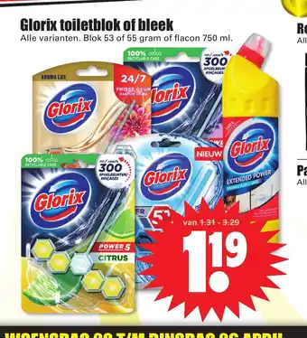 Dirk Glorix toiletblok of bleek alle varianten blok 53 of 55 gram of flacon 750 ml aanbieding