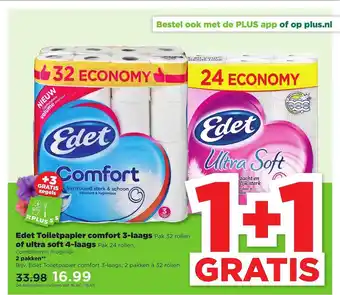 PLUS Edet Toiletpapier Comfort 3-Laags Of Ultra Soft 4-Laags 1+1 Gratis aanbieding