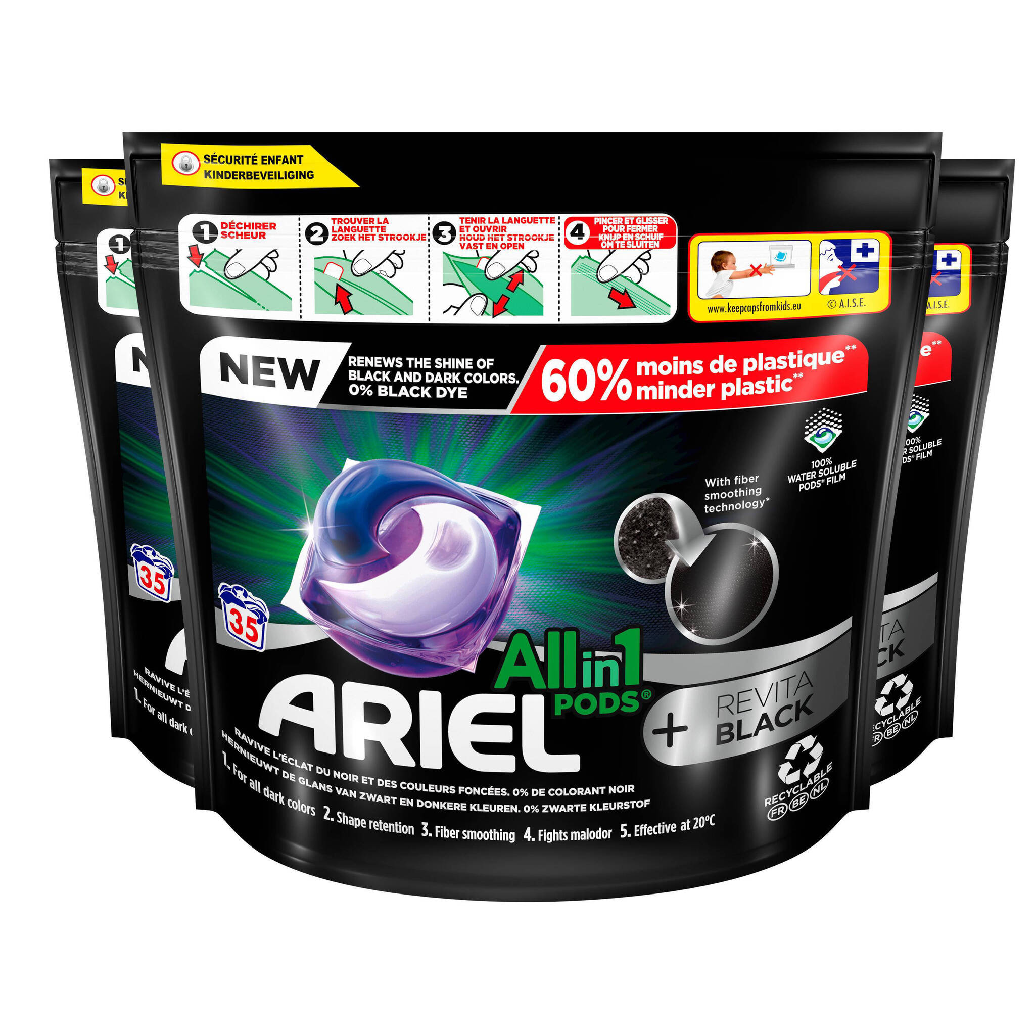 Ariel ArielAll-in-1 Pod wasmiddelcapsules Revitablack voor de zwarte was - 3 x 35 stuks ...