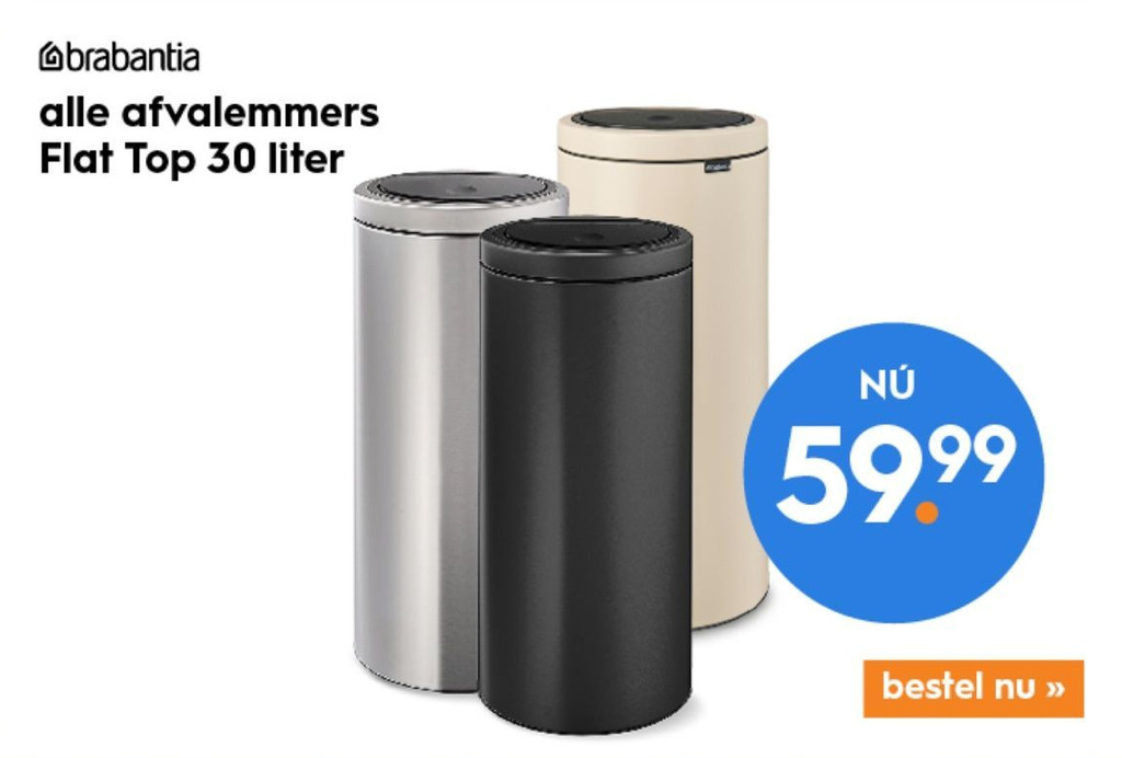 Brabantia all afvalemmers flat top 30 liter aanbieding bij Blokker