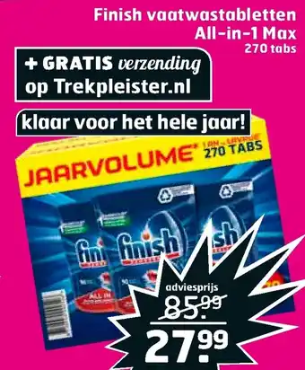 Trekpleister Finish vaatwastabletten  All in 1 Max 270 tabs aanbieding