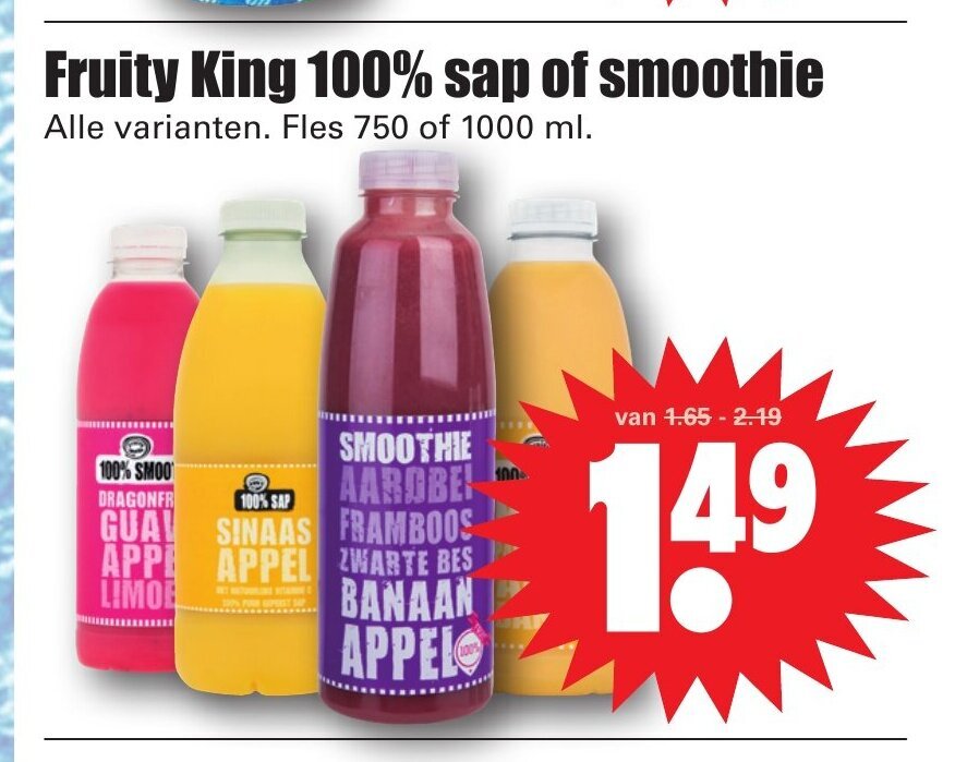 Fruity King 100% sap of smoothie alle varianten fles 750 of 1000 ml ...