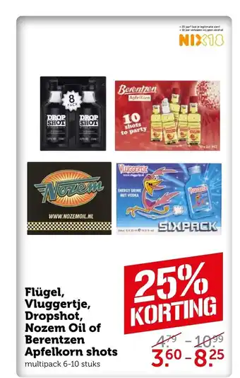 Coop Flugel, Vluggertje, Dropshot, Nozem Oil of Berentzen Apfelkorn shots aanbieding