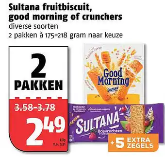 Poiesz Sultana fruitbiscuit, good morning of crunchers 175-218 gram aanbieding