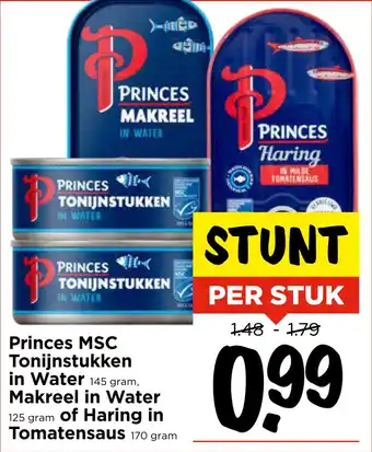 Vomar Voordeelmarkt Princes MSC Tonijnstukken in Water, Makreel in Water 125 gram of Haring in Tomatensaus 170 gram aanbieding