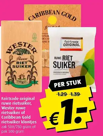 Boni Fairtrade original ruwe rietsuiker, Wester ruwe rietsuiker of Caribbean Gold rietsuiker klontjes 500g aanbieding