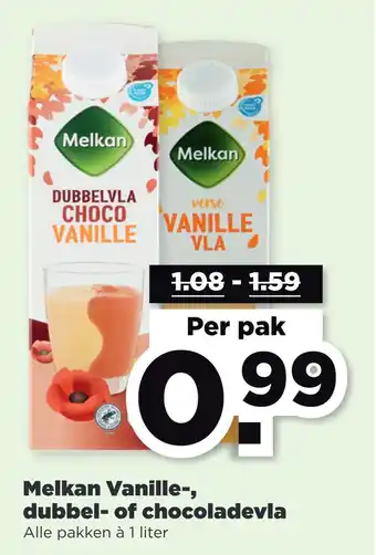 PLUS Melkan Vanille-, dubbel- of chocoladevla aanbieding