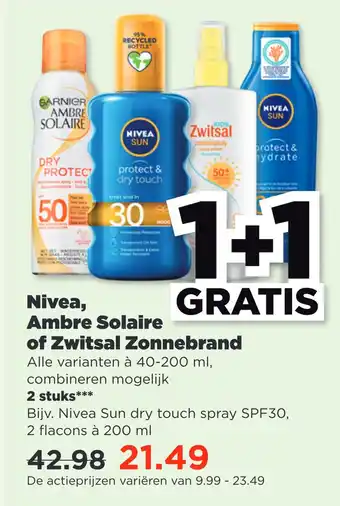 PLUS Nivea, Ambre Solaire of Zwitsal Zonnebrand aanbieding