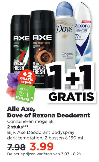 PLUS Alle Axe, Dove of Rexona Deodorant aanbieding