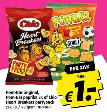 Boni Pom-Bär original, Pom-Bär paprika EK of Chio Heart Breakers partypack aanbieding