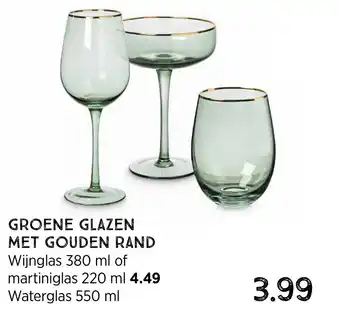 Xenos Groene glazen met gouden rand 380ml aanbieding