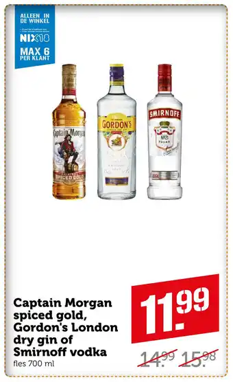 Coop Captain Morgan spiced gold, Gordon's London dry gin of Smirnoff vodka aanbieding