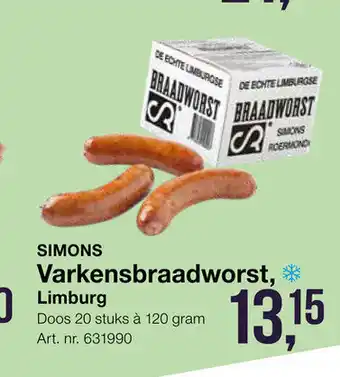 Bidfood Simons Varkensbraadworst, limburg doos 20 stuks a 120 gram aanbieding