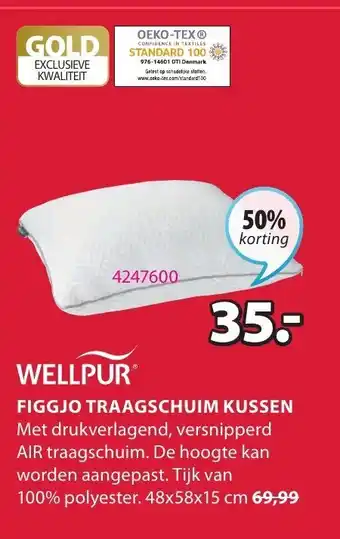 Jysk Wellpur Figgjo traagschuim kussen 48x58x15 cm aanbieding