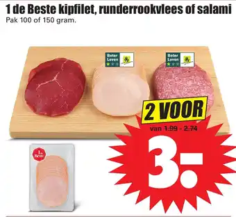 Dirk 1 de Beste kipfilet, runderrookvlees of salami 2*100/150g aanbieding