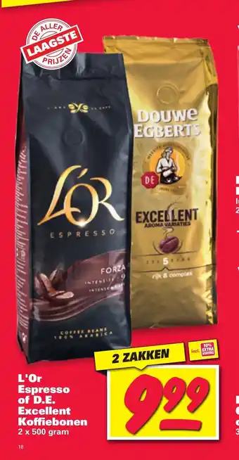 Nettorama L'Or Espresso of D.E. Excellent Koffiebonen 2 x 500 gram aanbieding