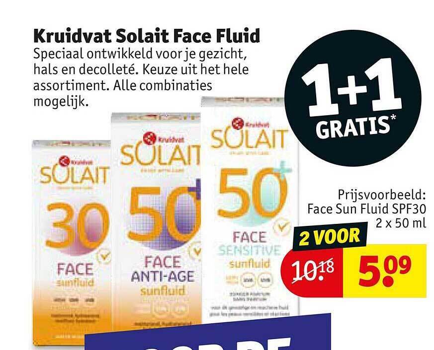 Kruidvat Solait Face Fluid 1+1 Gratis aanbieding bij Kruidvat