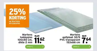 GAMMA Martens Hobbyglas 100x50 Cm, Dikte 2 Mm Of Martens Golfplaat 32-9 PVC Transparant 153x66 Cm 25% Korting aanbieding