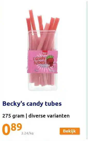 Action Becky's candy tubes 275 gram aanbieding