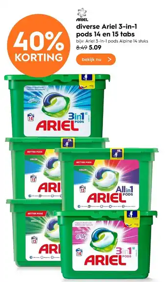 Blokker Ariel 3-in-1 Pods 14 en 15 tabs aanbieding