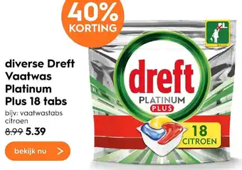 Blokker Dreft Platinum Plus vaatwastabletten 18 tabs aanbieding