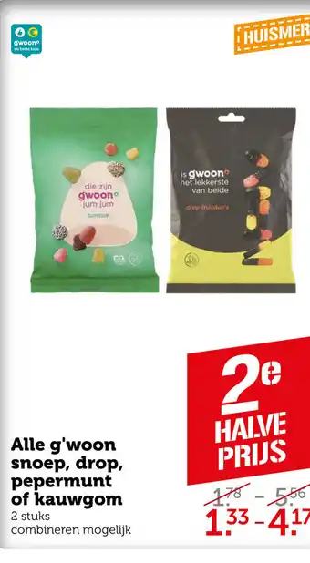 Coop Alle g'woon snoep, drop, peprmunt of kauwgom 2 stuks aanbieding