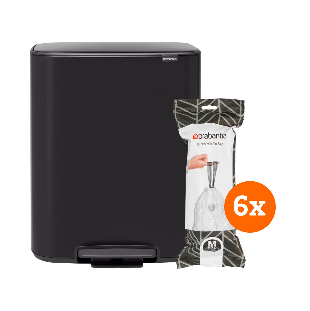 Brabantia Bo Pedal Bin 60 Liter Matt Black + Vuilniszakken (120 stuks