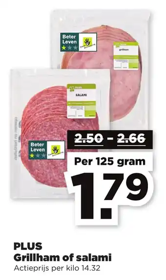 PLUS PLUS Grillham of salami 125g aanbieding