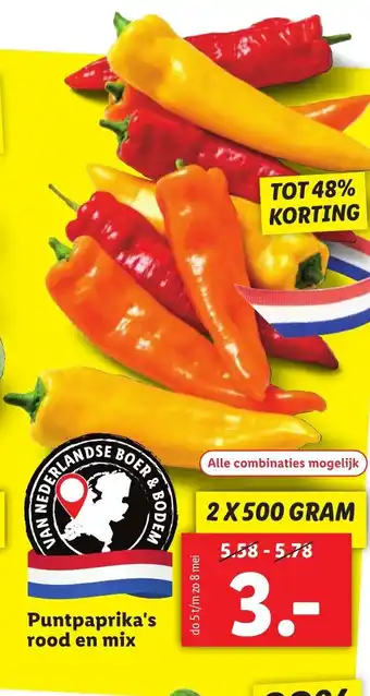 Lidl Puntpaprika's rood en mix 2x500 gram aanbieding