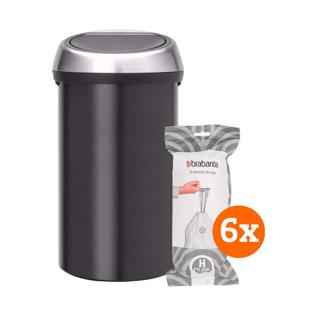 Brabantia Touch Bin 60 Liter Matt Black Fingerprint Proof + Vuilniszakken (120 stuks) aanbieding