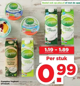 PLUS Campina kwark 500g of yoghurt 1L aanbieding