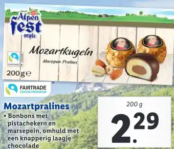 Lidl Mozartpralines Bonbons met pistachekern en marsepein, omhuld met een knapperig laagje chocolade aanbieding