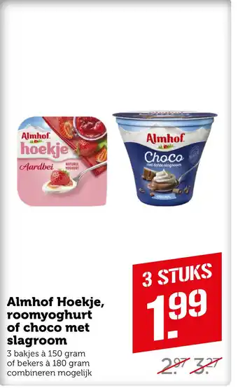 Coop Almhof Hoekje, roomyoghurt of choco met slagroom aanbieding